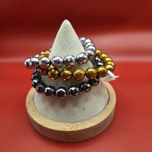 Beaded Stretch Bracelet Set. Gold, Silver And Black